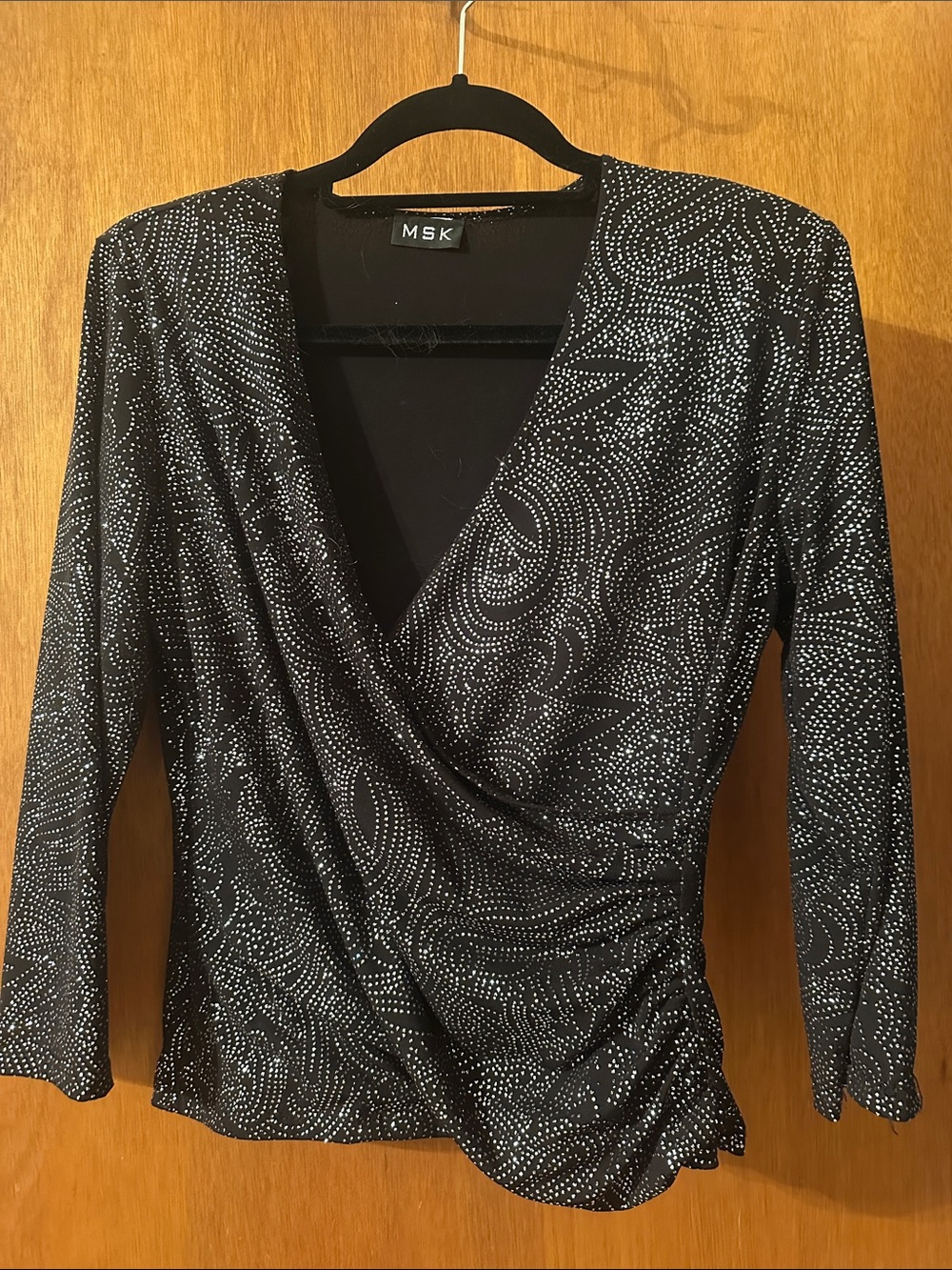 MSK Black 3/4 Sleeve Bling-Faux Wrap Top with Silver Dot Detail Blouse